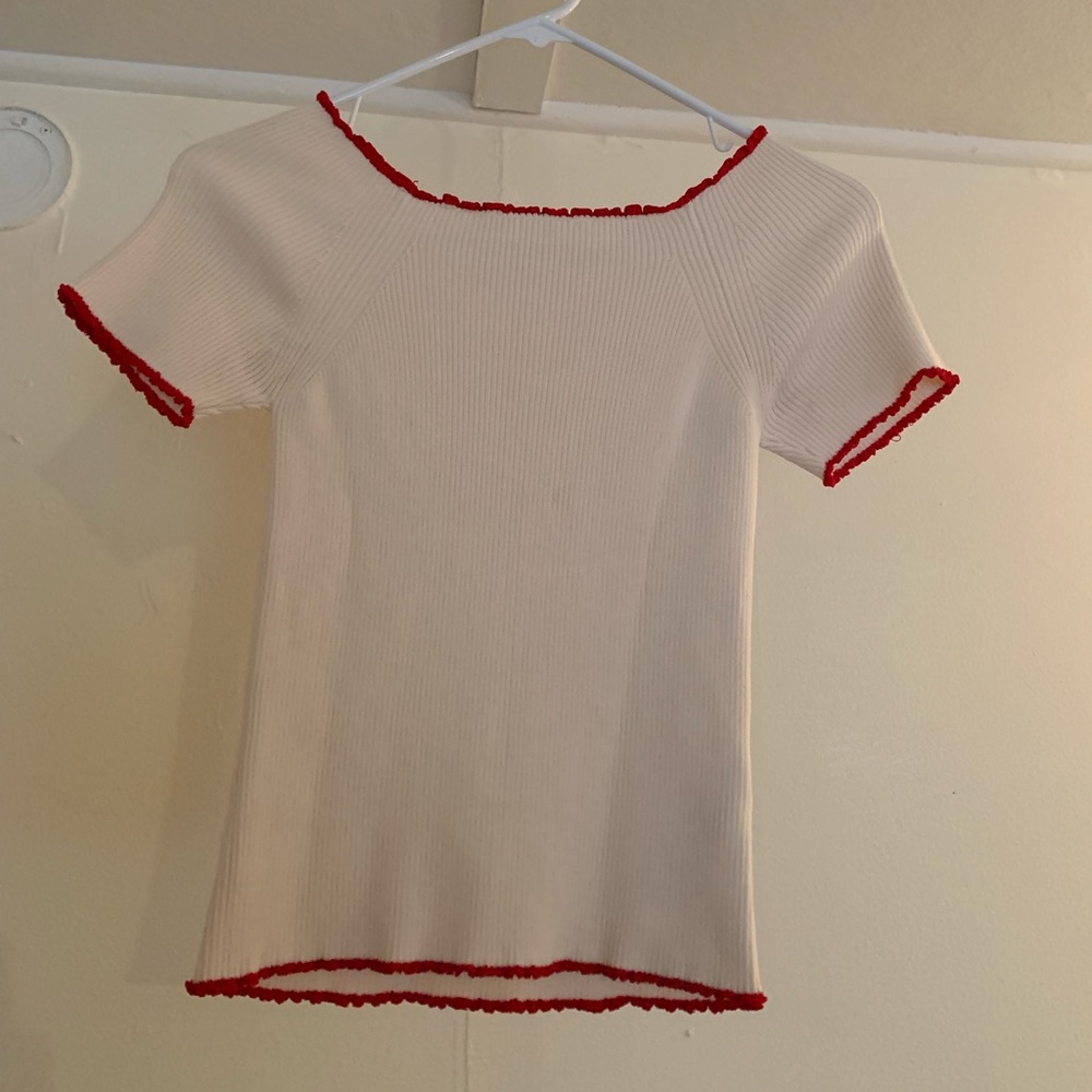 Sandro Knit White Top with Red Piping Size 2